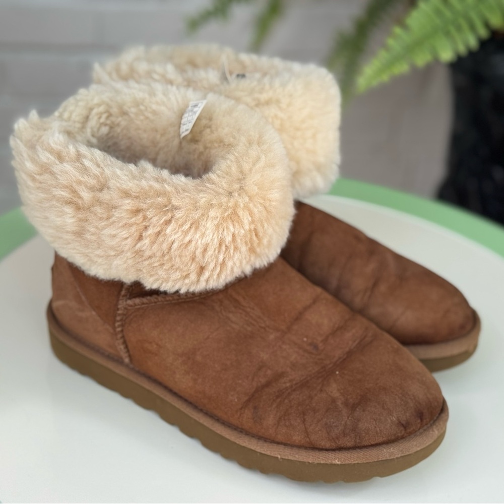 UGG Like News Cathie Suede Bootie Brown w Cream Shearling Women's Boots Shoes